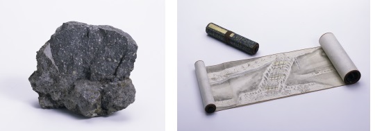 石見銀山銀鉱石（石見銀山資料館蔵）［左］・石見銀山絵巻（個人蔵）［右］