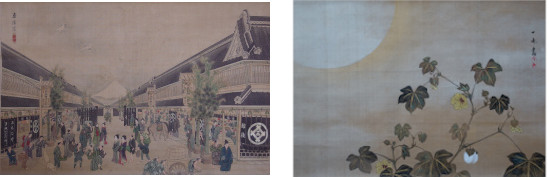 画像左：駿河町越後屋正月風景図／個人蔵、画像右：月に綿花図／鳥取県立博物館蔵・写真提供