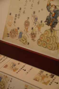 ねずみの大小絵暦（江戸時代）<br>ダイコクさんのコスプレをしたネズミが踏まえる俵にある漢数字は大の月、小ネズミがはこぶお金の金額が小の月。「甲子の茶番狂言大黒の、打ち出す宝ひろふ小鼠」