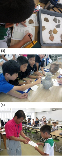 <b>(5)</b><br><br><b>(3)</b>土器片をスケッチして特徴を調べたら、<br><b>(4)</b>全体の復元品を想像してみます。<br><b>(5)</b>最後に修了証をもらいました。