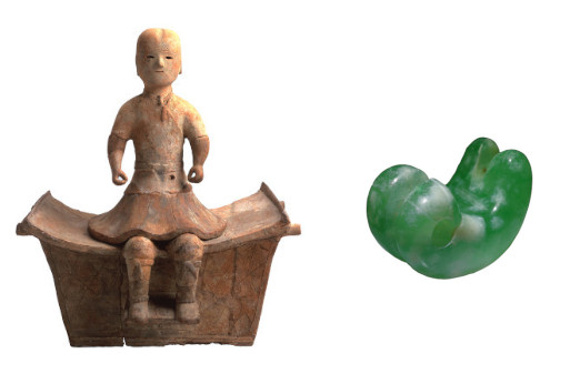 画像左：石見遺跡　椅子に座る男性埴輪／古墳後期、画像右：澤ノ坊2号墳　翡翠製合わせ勾玉／古墳前期
