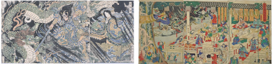 画像左：素盞鳴尊・山田大蛇・稲田姫（古代出雲歴史博物館蔵）※前期のみ展示、画像右：出雲国大社之図（古代出雲歴史博物館蔵）※後期のみ展示